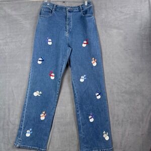 Quacker Factory Snowman Embroidered Jeans Womens Medium Blue Denim Stretch Pants
